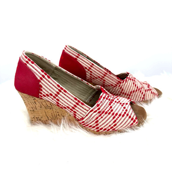 Toms size‎ 6.5 red white wedge heels peep toe slide on - Picture 3 of 8